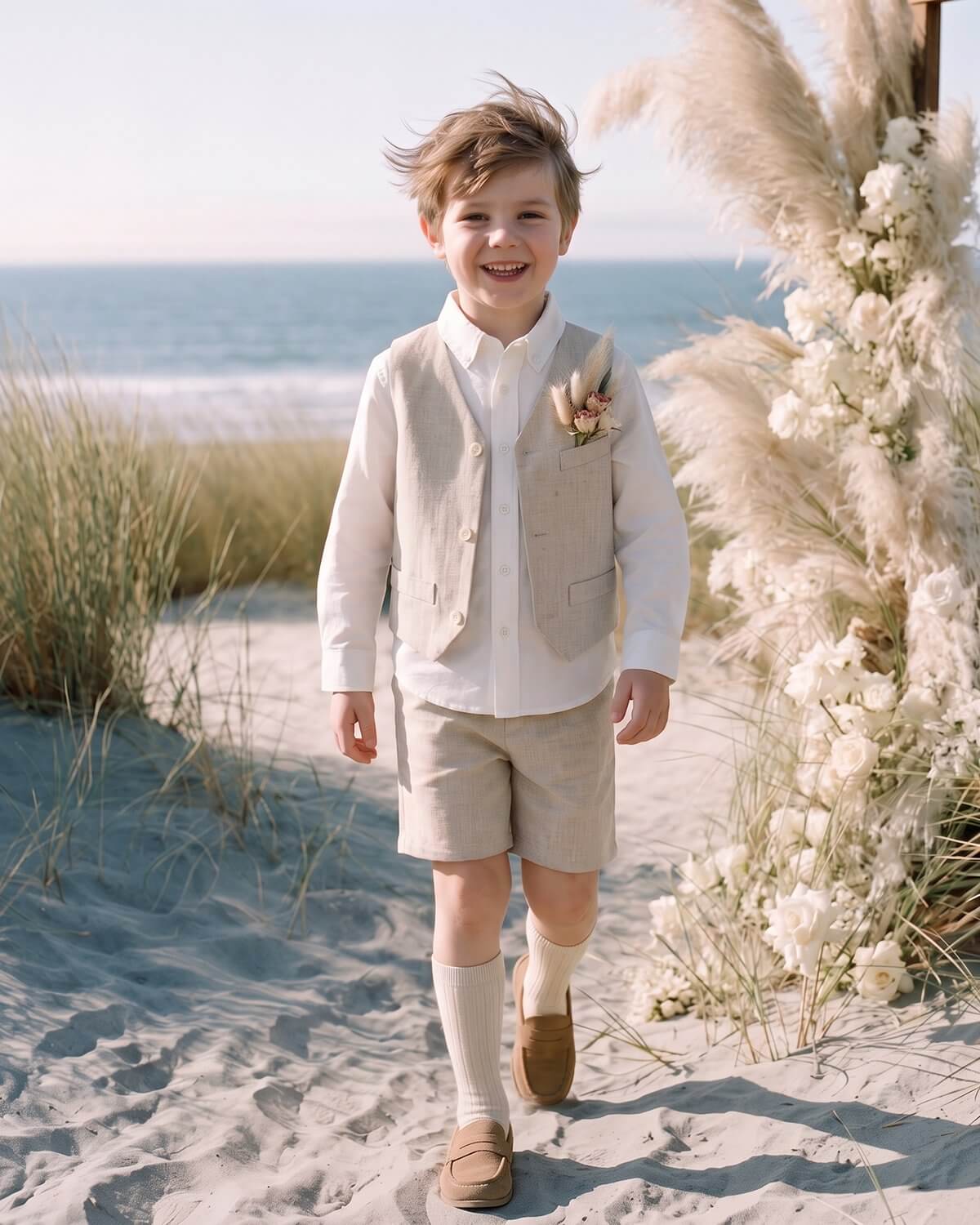 Young boy smiling on a sandy beach wearing an oatmeal 3-piece linen-lyocell vest, white shirt, and shorts set by a pampas grass arch.