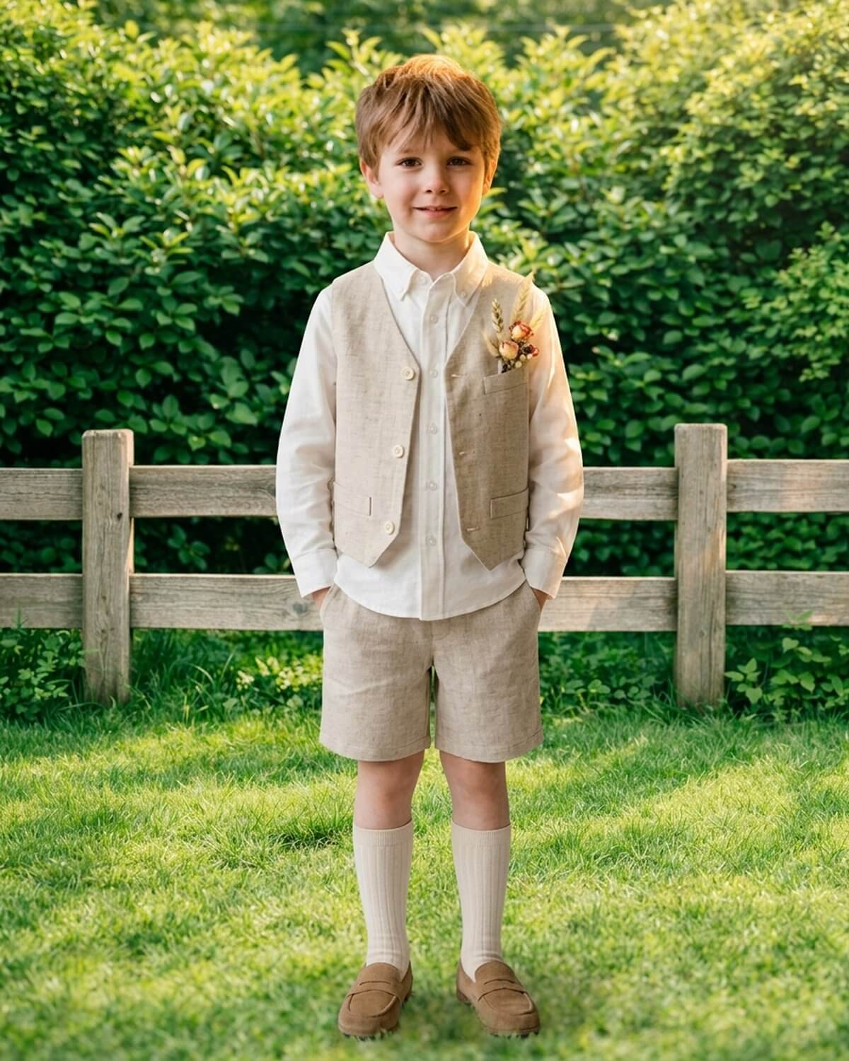 Full-length view of a young boy standing by a wooden garden fence wearing an oatmeal 3-piece linen-lyocell vest and shorts set with hands in pockets.
