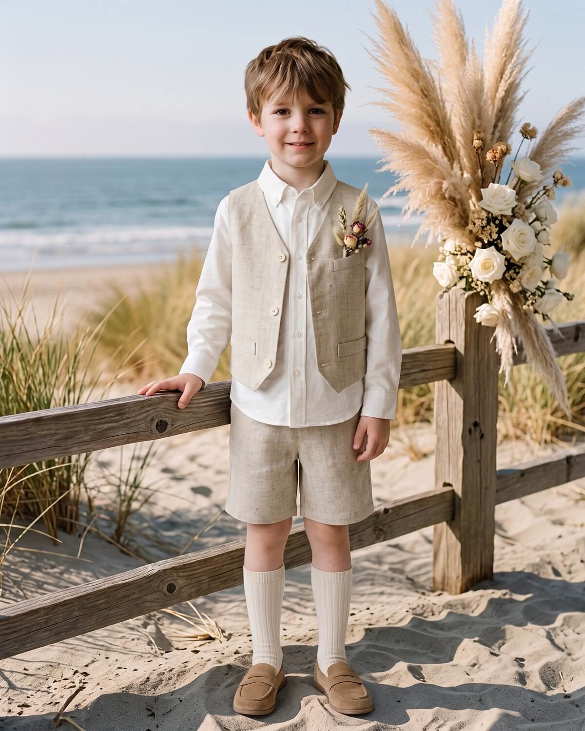Boys 3-Piece Linen Lyocell Vest & Shorts Suit Set with Shirt for Beach Wedding|The Jasper Set