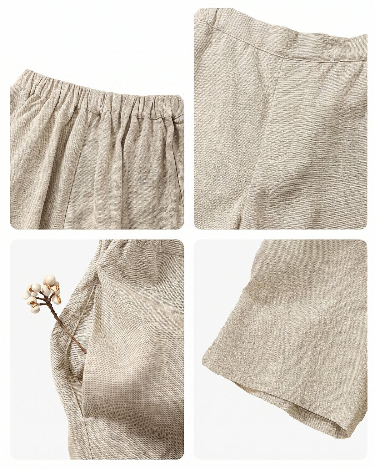 Four-panel close-up collage showing the details of the boys' linen shorts, featuring the comfortable elastic waistband, flat front seam, side pockets, and neat hem.