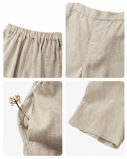 Four-panel close-up collage showing the details of the boys' linen shorts, featuring the comfortable elastic waistband, flat front seam, side pockets, and neat hem.