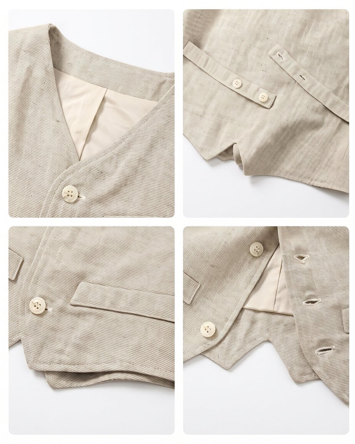 Four-panel close-up collage showing the craftsmanship details of the boys' oatmeal linen vest, including the V-neck lining, adjustable back strap, front pockets, and stitching.