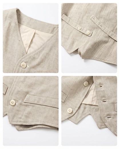 Four-panel close-up collage showing the craftsmanship details of the boys' oatmeal linen vest, including the V-neck lining, adjustable back strap, front pockets, and stitching.