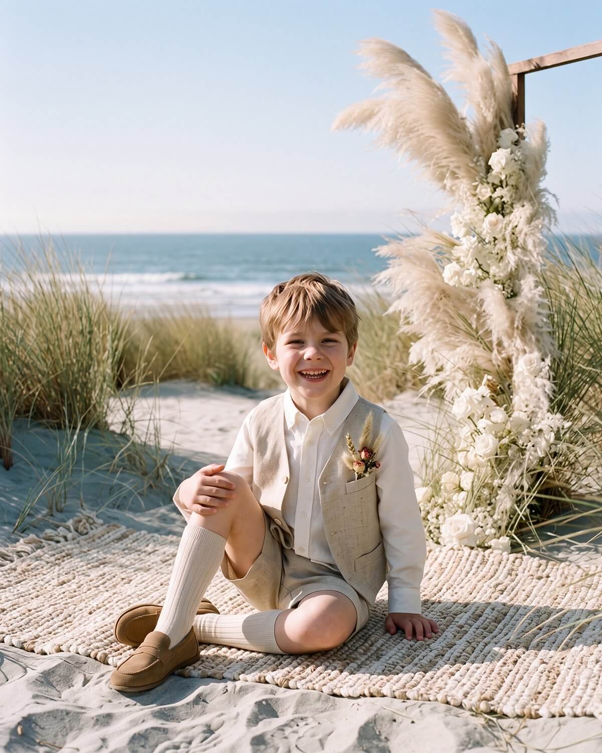 Smiling boy sitting cross-legged on a woven rug on the beach wearing a 3-piece linen vest and shorts suit set.