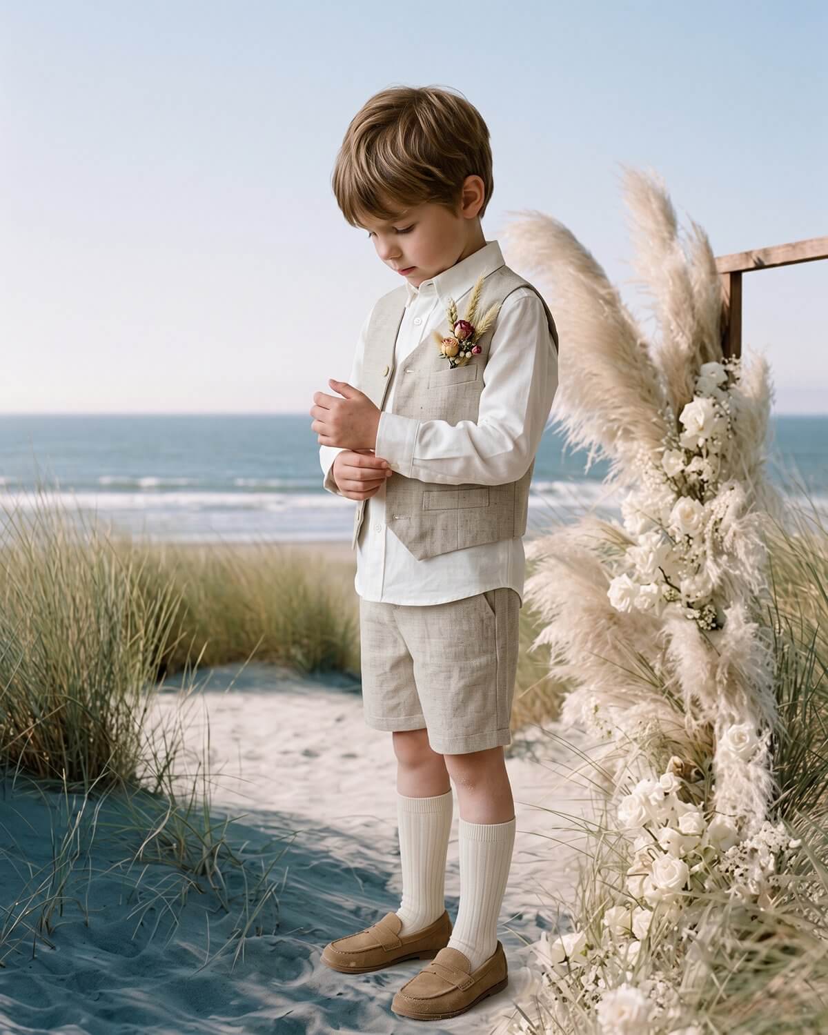 Side view of a boy on a beach adjusting his white linen-cotton shirt cuff in a 3-piece boho coastal vest set.
