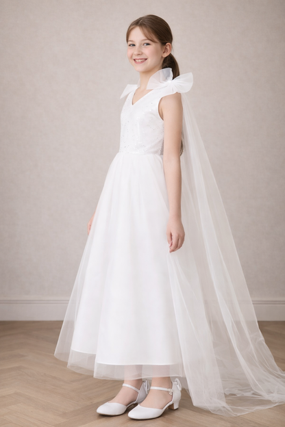 Photo-Ready Sequin Bodice Bow-Shoulder Cape Flower Girl Dress (Outdoor Wedding)