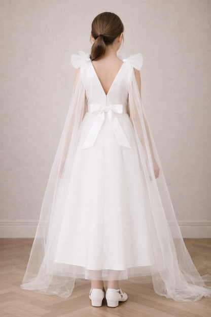 Photo-Ready Sequin Bodice Bow-Shoulder Cape Flower Girl Dress (Outdoor Wedding)