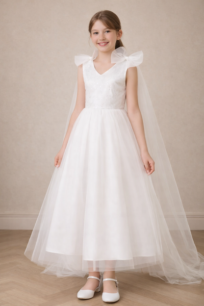 Photo-Ready Sequin Bodice Bow-Shoulder Cape Flower Girl Dress (Outdoor Wedding)