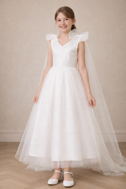 Photo-Ready Sequin Bodice Bow-Shoulder Cape Flower Girl Dress (Outdoor Wedding)