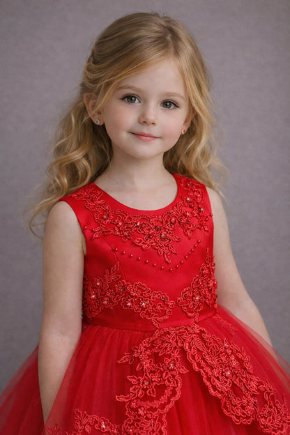 The Aurora High-Low Pearl & Lace Flower Girl Dress(Easy-Walk)