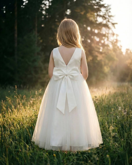 The Lily Ivory Satin & Tulle Flower Girl Dress