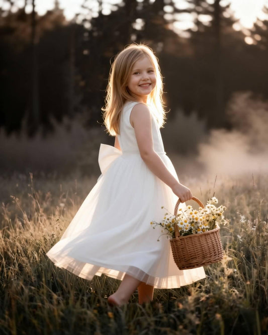 Girls Ivory Satin & Tulle Flower Girl Dress with V-Back & Big Bow for Wedding | The Lily