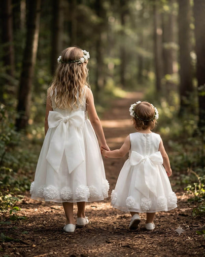 Back view of big sister and toddler sister walking down a woodland path holding hands, showcasing the large statement back bows and 3D floral hems of their matching white flower girl dresses.