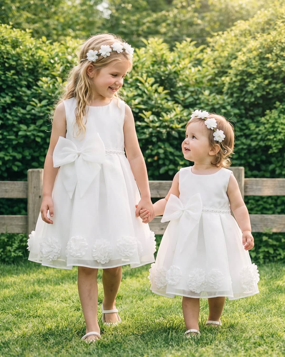 Front view of big sister and toddler little sister holding hands in matching ivory white flower girl dresses with front waist bows, pearl beaded bands, and 3D floral hems in a garden.