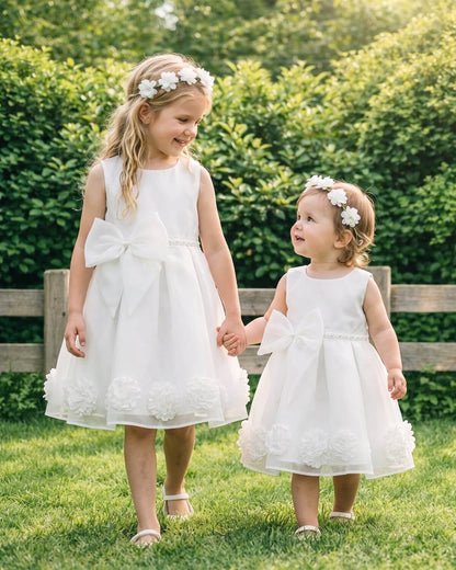 Front view of big sister and toddler little sister holding hands in matching ivory white flower girl dresses with front waist bows, pearl beaded bands, and 3D floral hems in a garden.