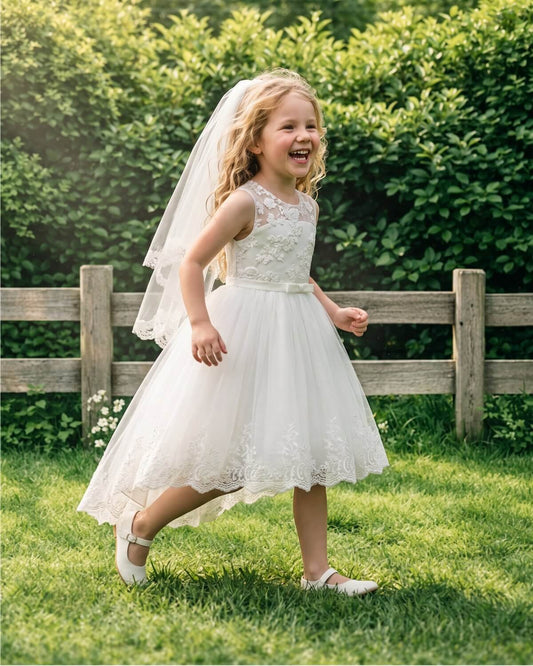 Little girl happily running in a garden wearing an ivory high-low tulle flower girl dress with a matching veil.