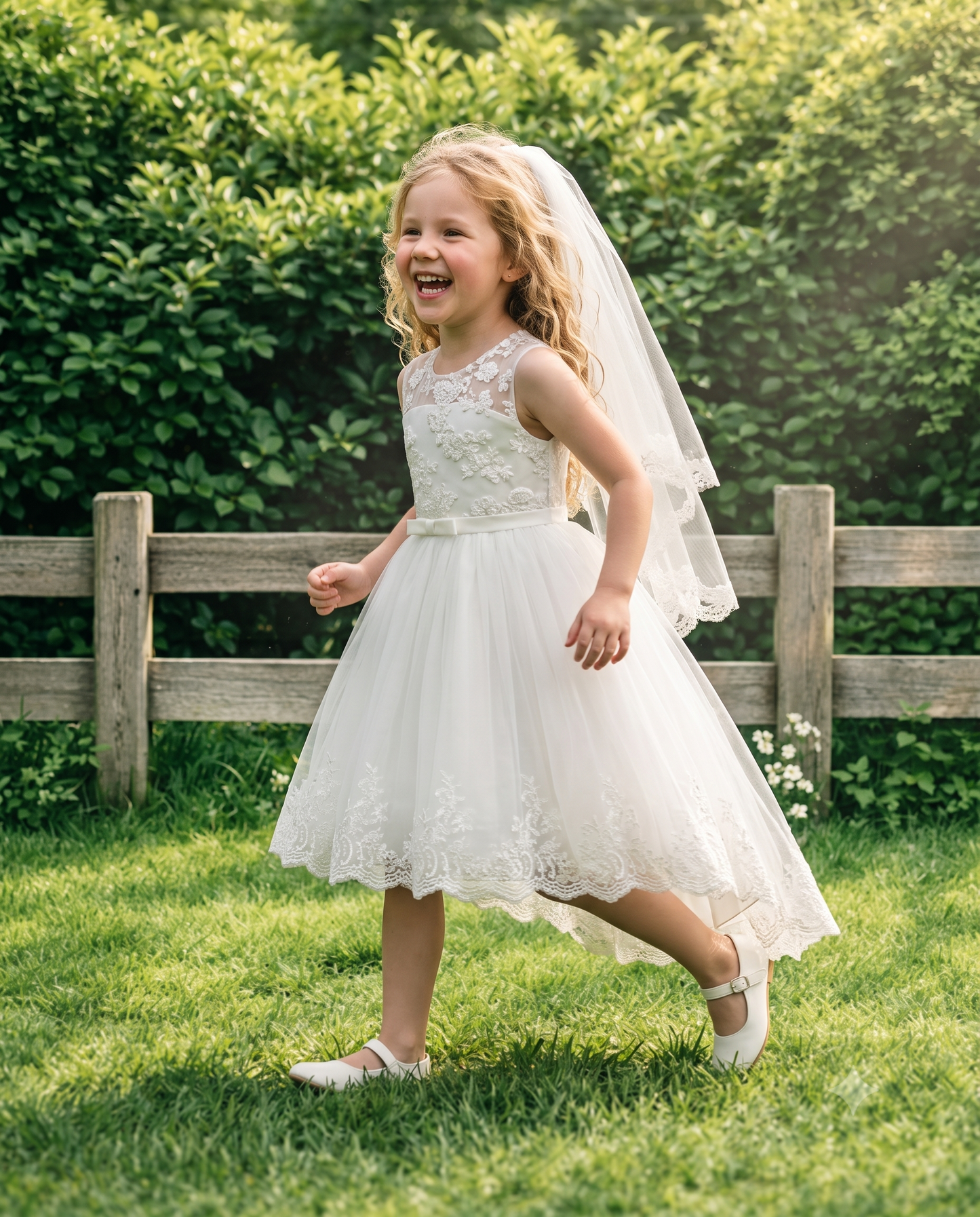 Side view of a happy girl running outdoors in a comfortable white tulle high-low communion dress.