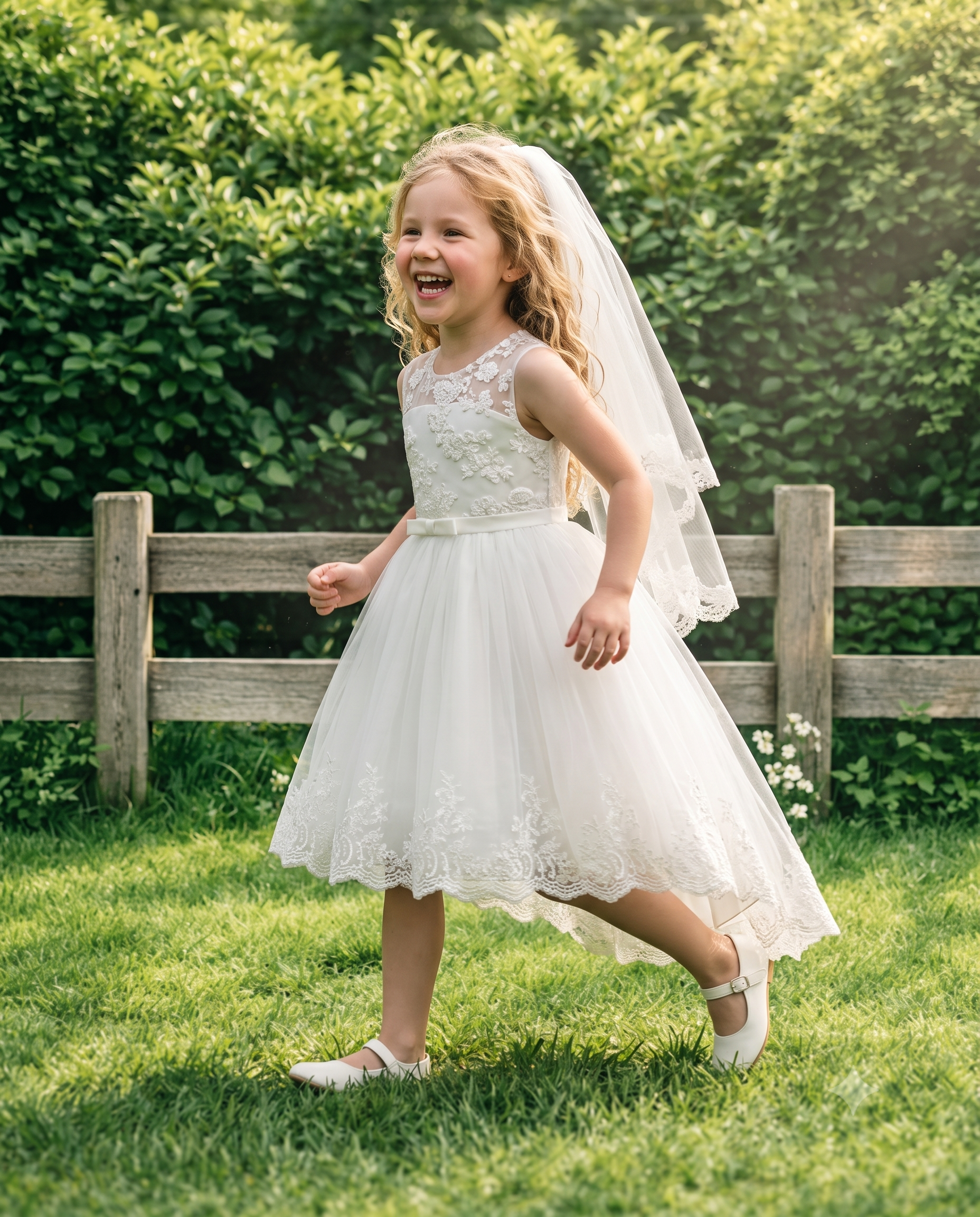 Side view of a happy girl running outdoors in a comfortable white tulle high-low communion dress.