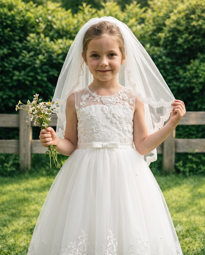 Close up of the exquisite floral lace bodice and pearl details on a girls white wedding dress.