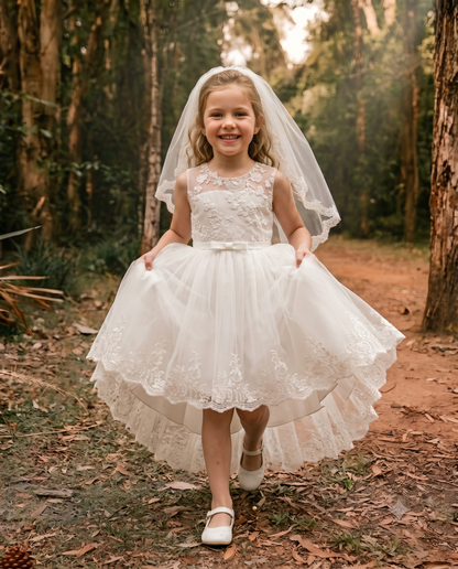 Front view of a smiling girl wearing a white lace flower girl dress with a high-low train and matching veil.