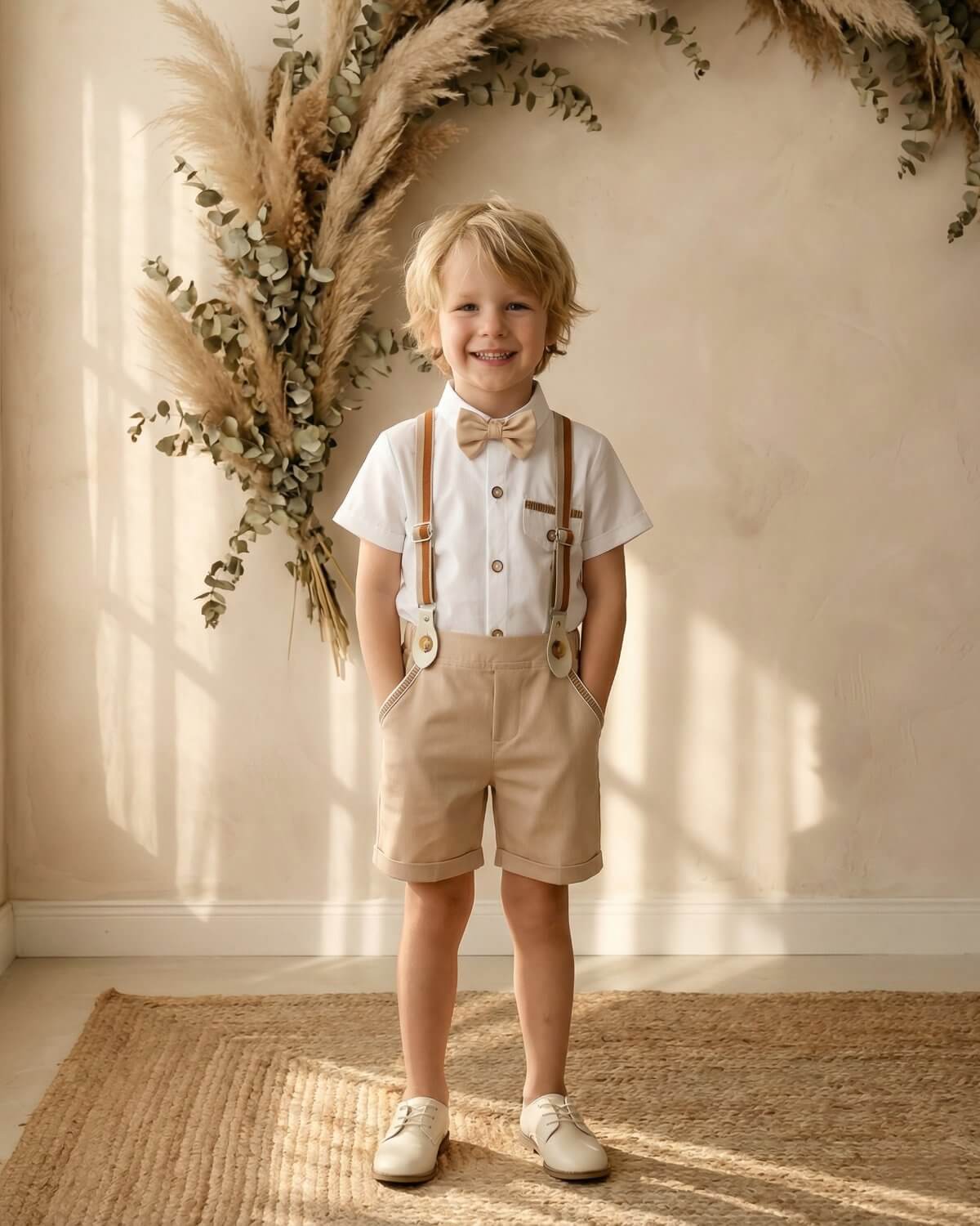 Front view of a young page boy wearing a khaki suspender shorts and short-sleeve white shirt set under a rustic arch, for toddlers and boys ages 1-7