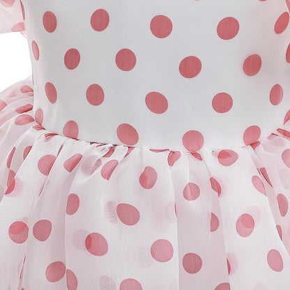 Girls Polka Dot Puff Sleeve High-Low Party Dress – Organza Overlay & Satin Lining