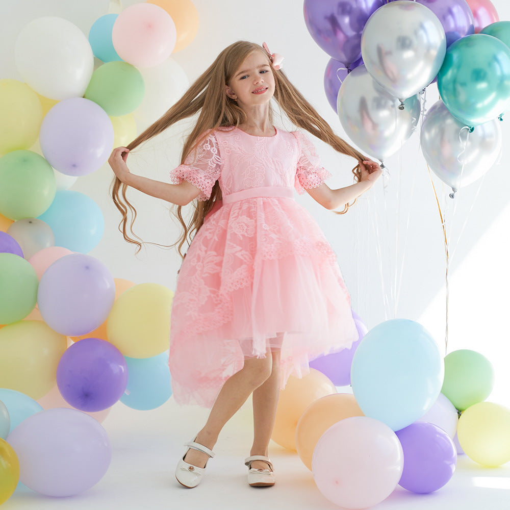 Pink Lace High-Low Flower Girl Dress with Back Bow | Lightweight Ceremony