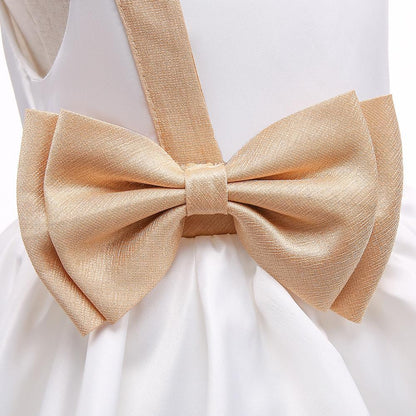 Kids Ivory Satin Party Dress with Champagne-Gold Bow | Wedding & Dinner Party