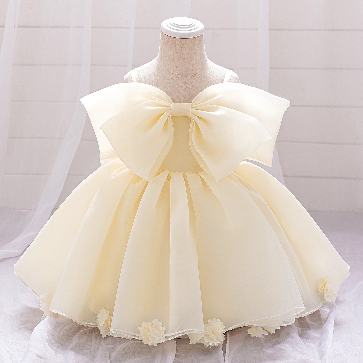 Baby & Toddler Giant Bow Satin & Organza Party Dress – Photo-Ready Statement Look (Detachable Back Bow)