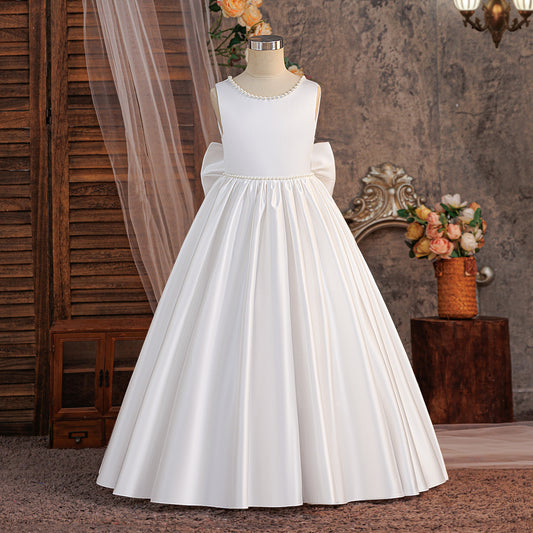 Ivory Satin Pearl-Trim V-Back Flower Girl Dress with Oversized Bow