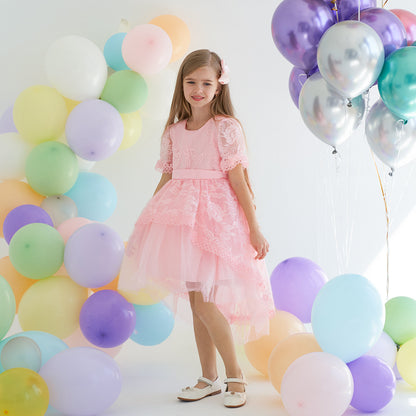 Pink Lace High-Low Flower Girl Dress with Back Bow | Lightweight Ceremony