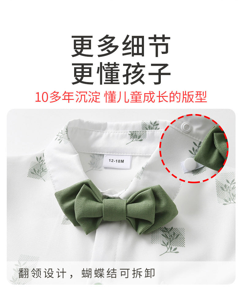Sage Green Boys Braces Pants Set for Garden Weddings – Stretch Cotton Shirt & Bow Tie (4-Piece)