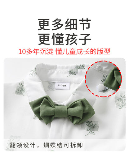 Sage Green Boys Braces Pants Set for Garden Weddings – Stretch Cotton Shirt & Bow Tie (4-Piece)