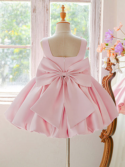 Blush Pink Satin Flower Girl Dress with Pearl Neckline & Bow Back