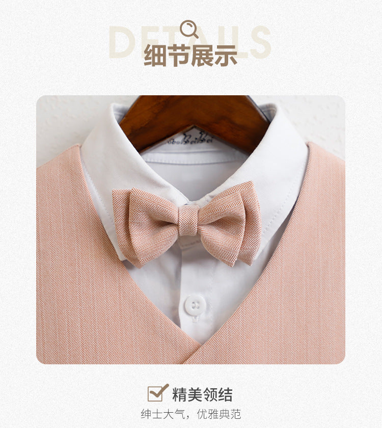 Boys Beige Vest & Shorts 5-Piece Wedding Outfit Set – Cotton Shirt, Bow Tie & Boutonniere