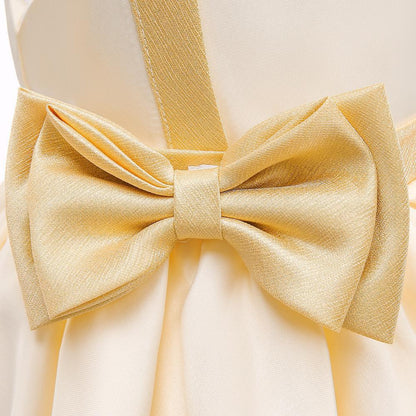 Kids Ivory Satin Party Dress with Champagne-Gold Bow | Wedding & Dinner Party