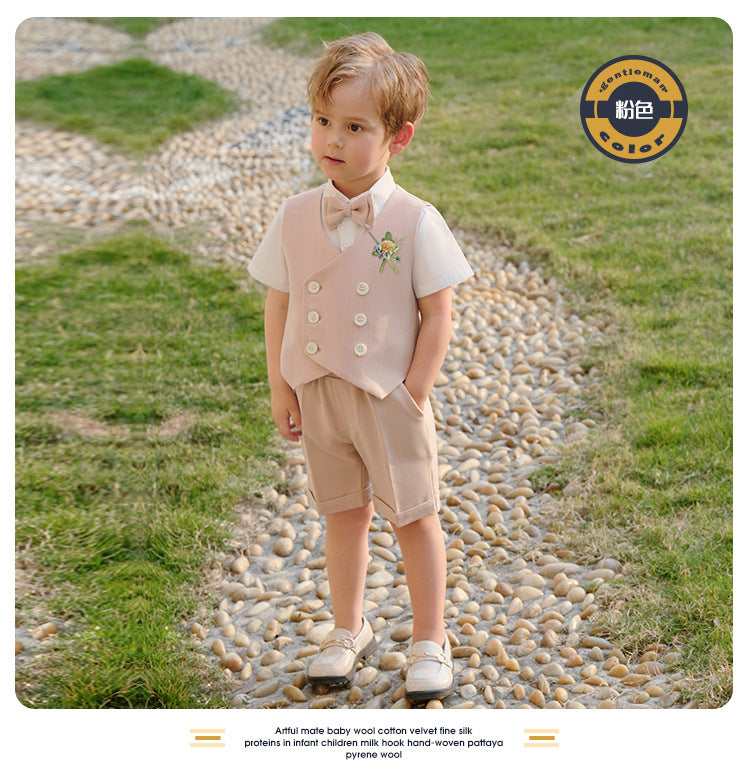 Boys Beige Vest & Shorts 5-Piece Wedding Outfit Set – Cotton Shirt, Bow Tie & Boutonniere