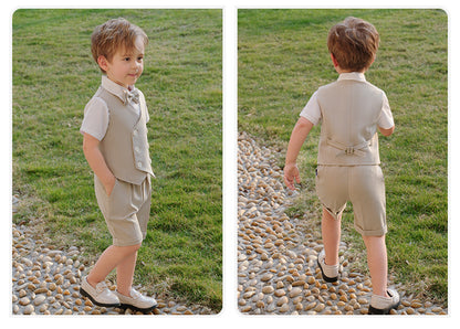 Boys Beige Vest & Shorts 5-Piece Wedding Outfit Set – Cotton Shirt, Bow Tie & Boutonniere