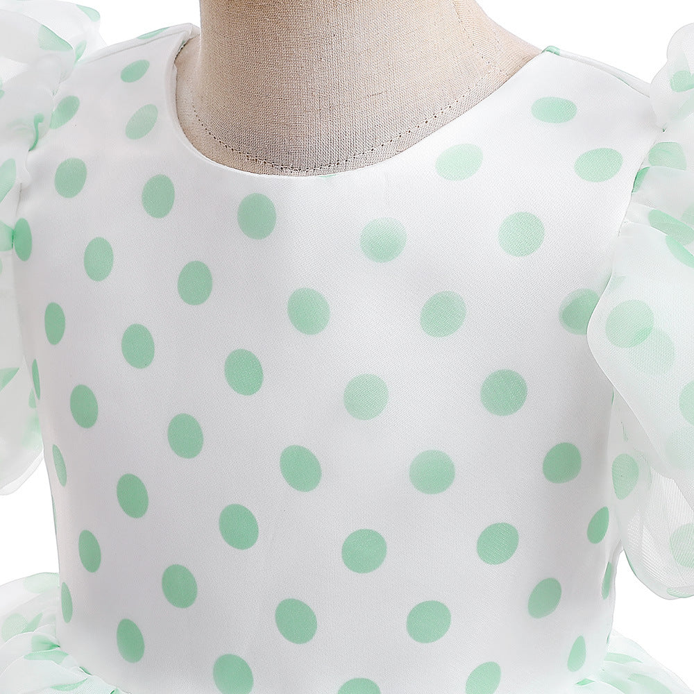 Girls Polka Dot Puff Sleeve High-Low Party Dress – Organza Overlay & Satin Lining