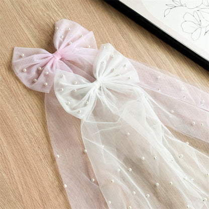 White Pearl Tulle Bow Hair Clip with Long Veil Tails – Flower Girl Wedding Hair Accessory (Blush Pink / Ivory White)