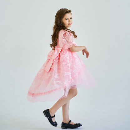 Pink Lace High-Low Flower Girl Dress with Back Bow | Lightweight Ceremony