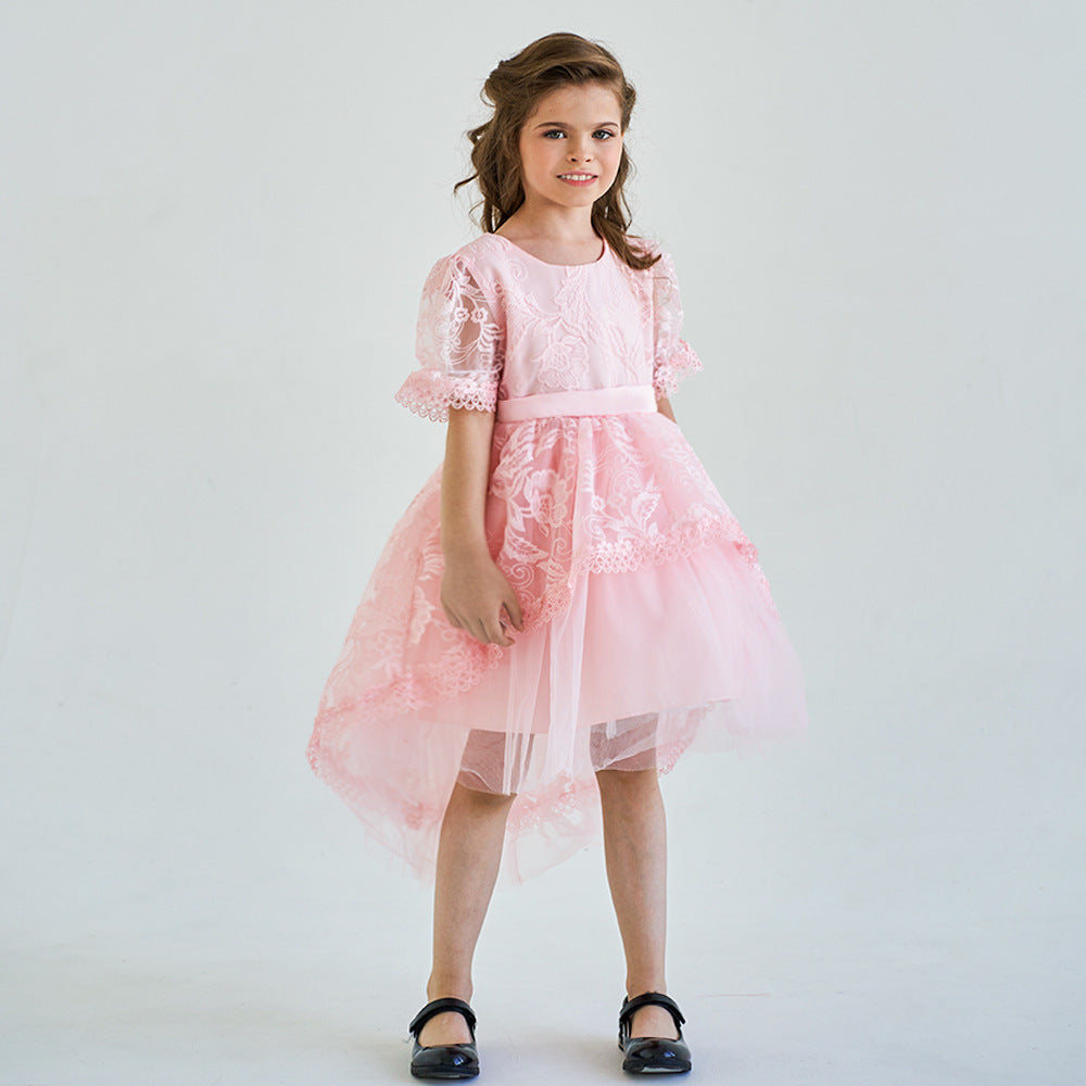 Pink Lace High-Low Flower Girl Dress with Back Bow | Lightweight Ceremony