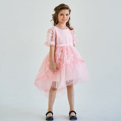 Pink Lace High-Low Flower Girl Dress with Back Bow | Lightweight Ceremony