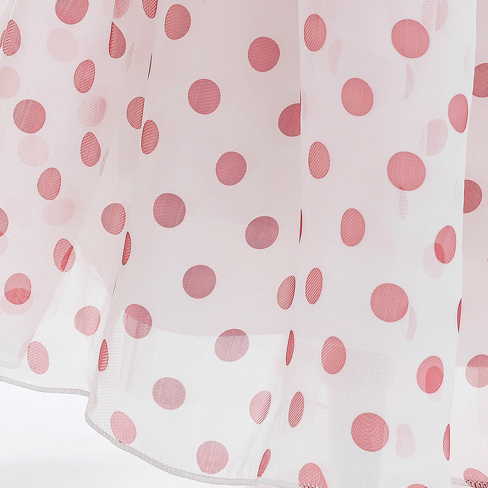 Girls Polka Dot Puff Sleeve High-Low Party Dress – Organza Overlay & Satin Lining