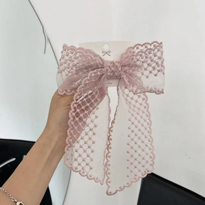 Cream Oversized Lace Tulle Bow Hair Clip with Long Tails – Flower Girl & Outdoor Wedding Hair Accessory