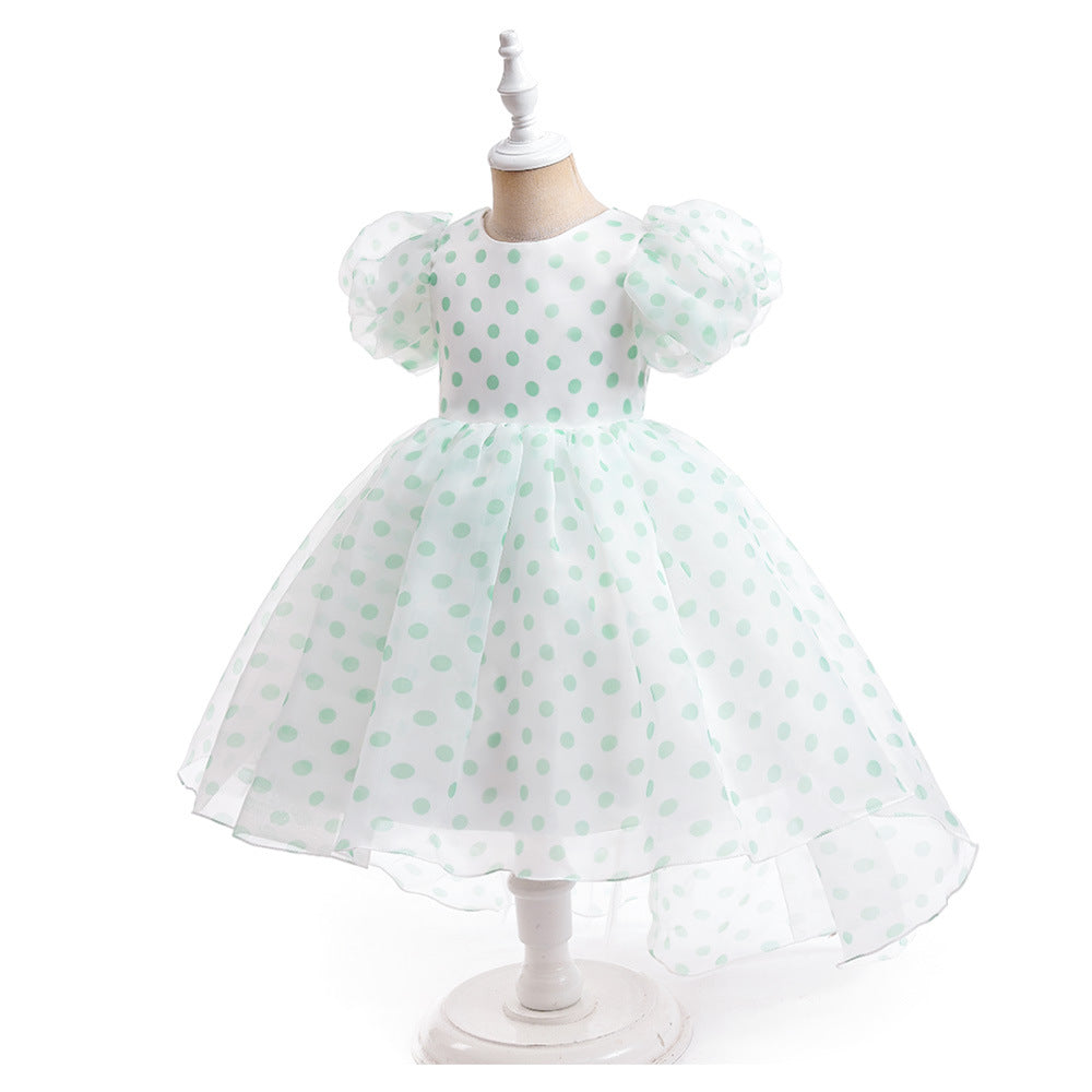 Girls Polka Dot Puff Sleeve High-Low Party Dress – Organza Overlay & Satin Lining