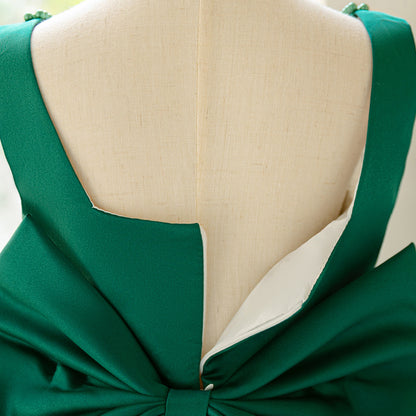 Blush Pink Satin Flower Girl Dress with Pearl Neckline & Bow Back