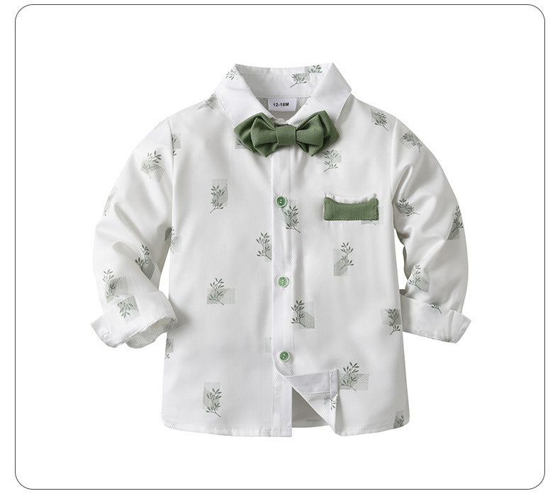 Sage Green Boys Braces Pants Set for Garden Weddings – Stretch Cotton Shirt & Bow Tie (4-Piece)