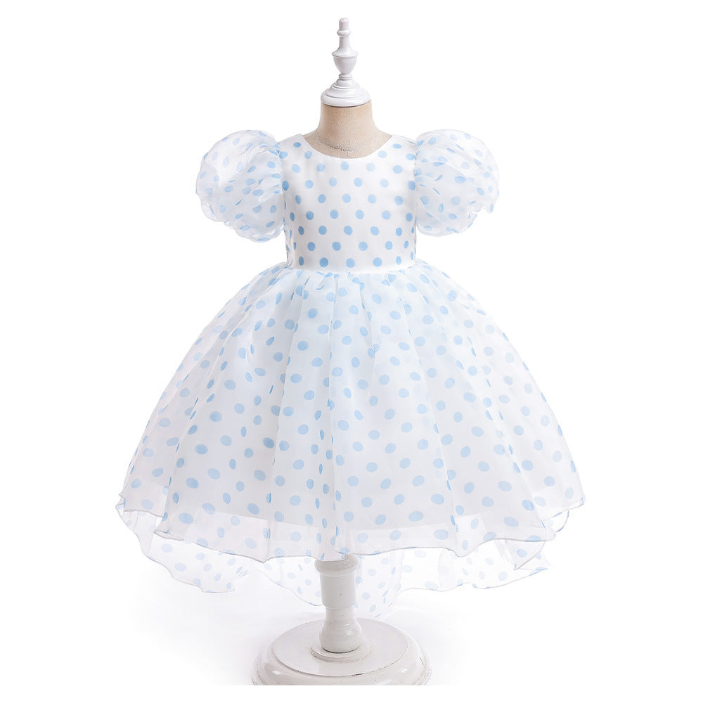 Girls Polka Dot Puff Sleeve High-Low Party Dress – Organza Overlay & Satin Lining