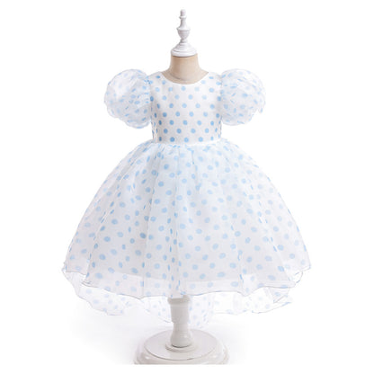 Girls Polka Dot Puff Sleeve High-Low Party Dress – Organza Overlay & Satin Lining